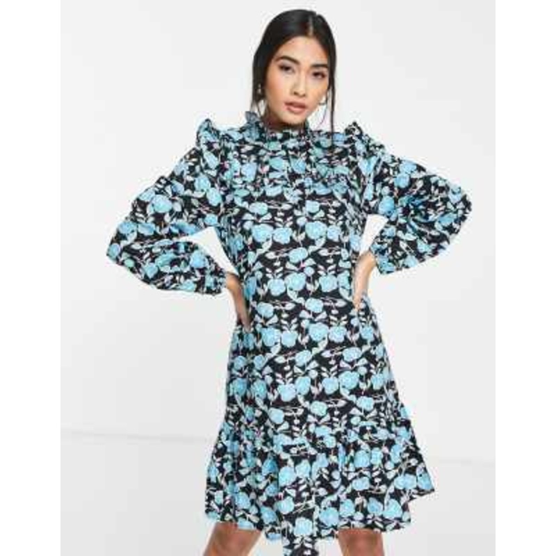 Vero Moda smock mini dress with frill detail in blue floral print