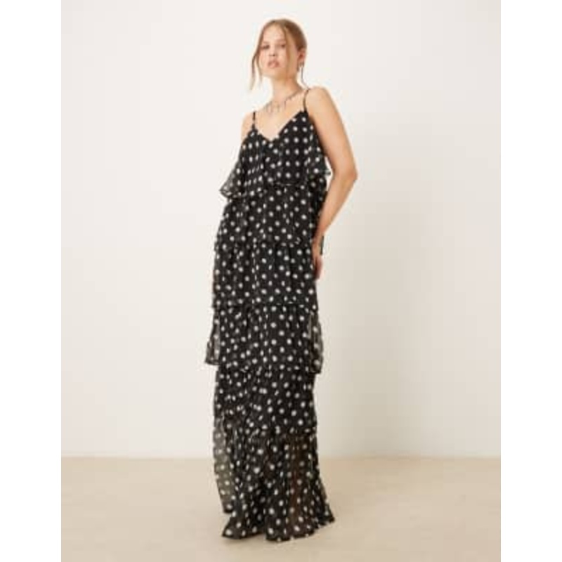 VILA ruffle maxi dress in black and white polka dot
