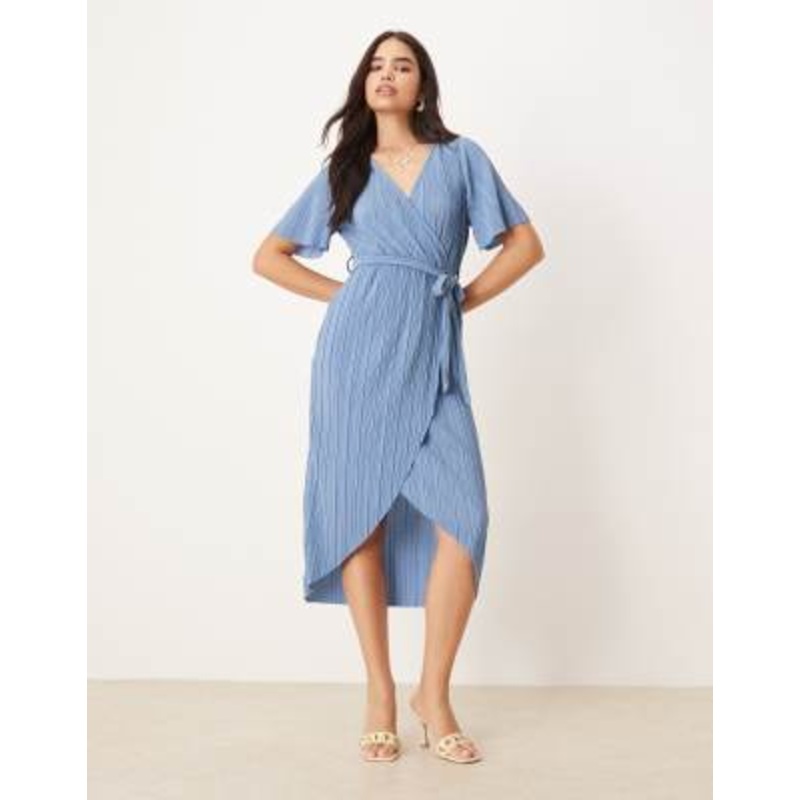 YAS plisse wrap midi dress in blue
