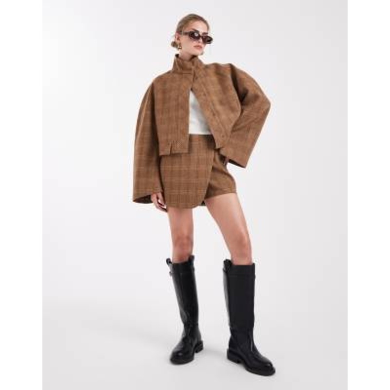 DESIGN tailored cropped jacket and wrap skort set in brushed check