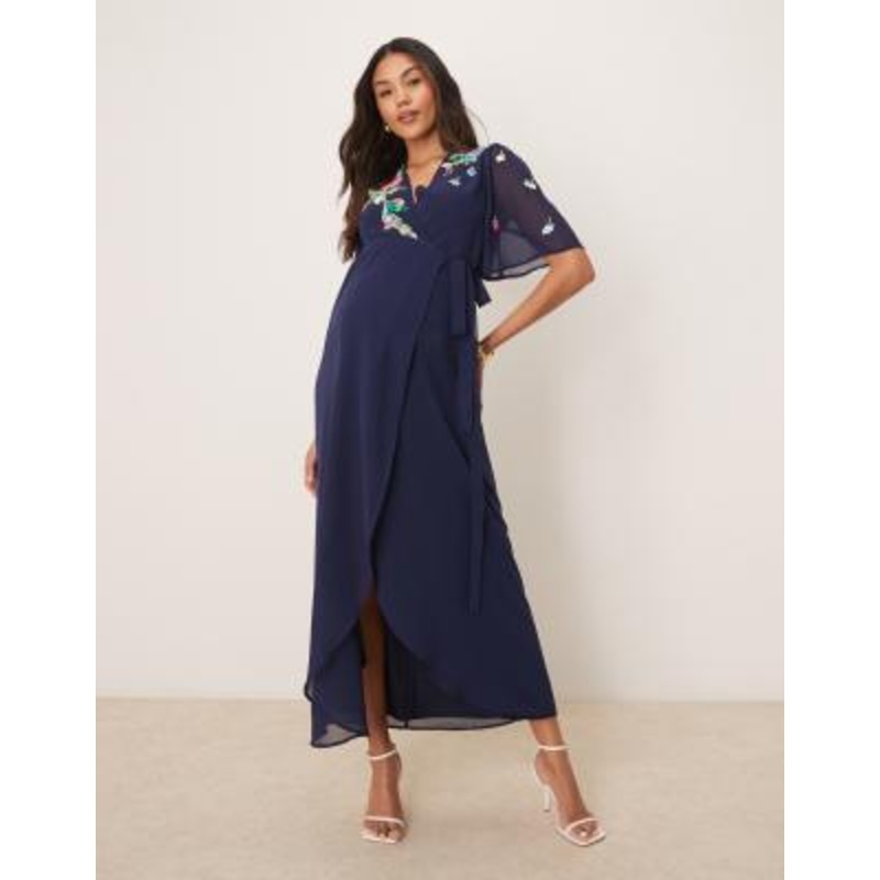 Hope & Ivy Maternity embellished flutter sleeve maxi wrap dress with tie waist in navy