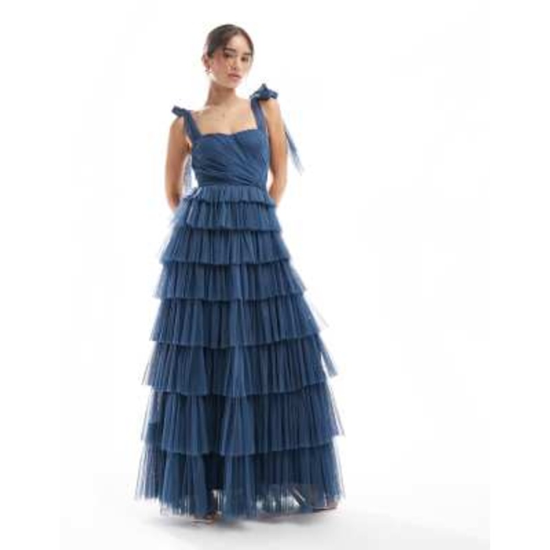 Lace & Beads Bridesmaid bow shoulders tulle maxi dress in deep blue