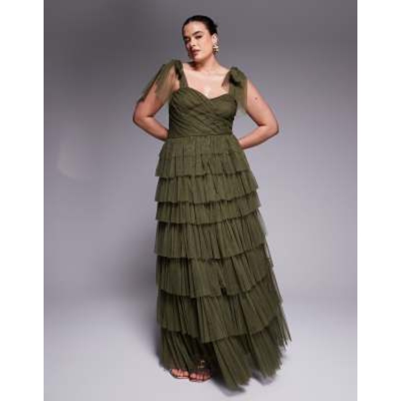 Lace & Beads Plus bow shoulder tiered tulle maxi dress in deep olive