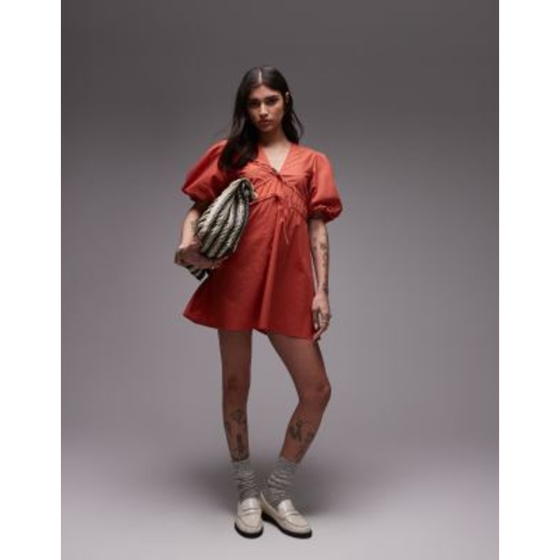 Topshop v neck puff sleeve mini dress in rust brown
