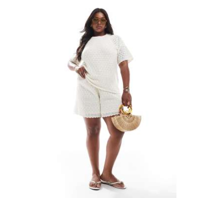 Vero Moda Curve crochet boxy tee and shorts set in birch cream