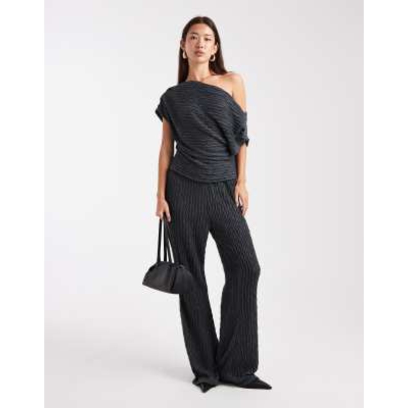 Vero Moda textured jersey off-shoulder drapey top and wide leg pants set in asphalt gray