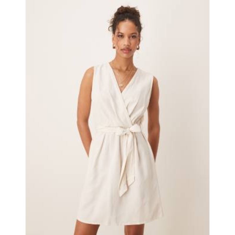 Vila linen blend wrap front mini dress with tie belt in oatmeal
