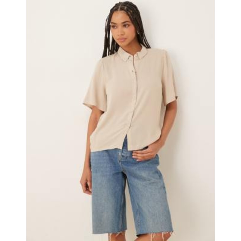 Vila linen touch flutter sleeves shirt in stone