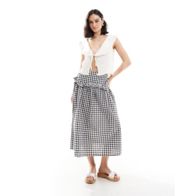 Wednesday’s Girl ruffle detail gingham midi skirt in black