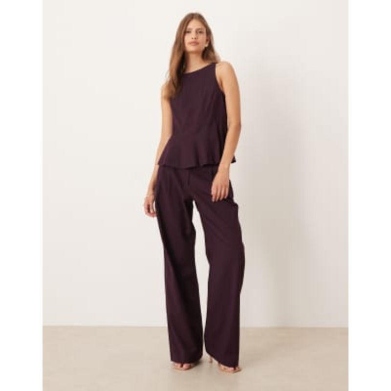 YAS wide leg tailored pants in burgundy pinstripe – part of a set