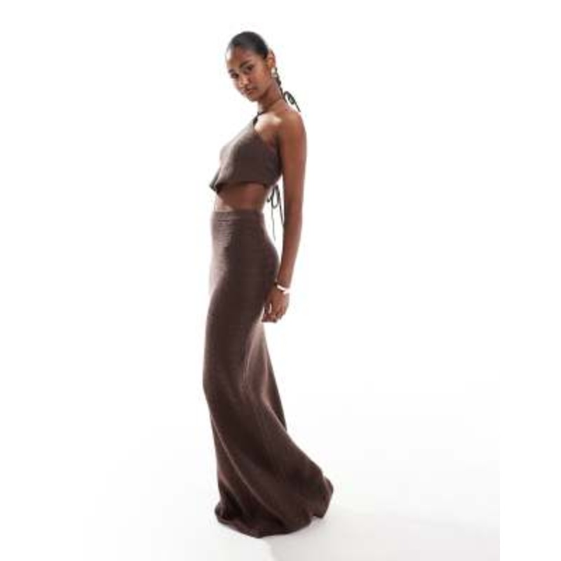 4th & Reckless knit halter beach crop top and maxi skirt set in chocolate brown