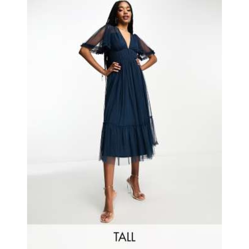 Beauut Tall Bridesmaid tulle midi dress with flutter sleeve in navy