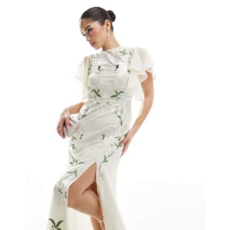 Hope & Ivy Bridal swan embellished open back maxi dress in ivory