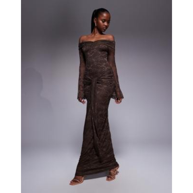 Kaiia exclusive double layered slinky lace bardot flare sleeve tie waist drape detail maxi dress in chocolate