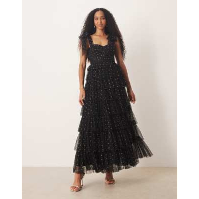 Lace & Beads bow shoulder tiered tulle maxi dress in black polka dot
