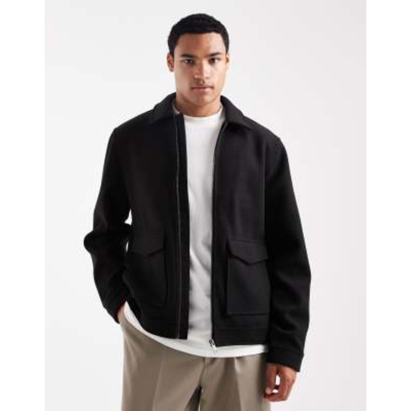 Threadbare wool look jacket with collar and zip front in black