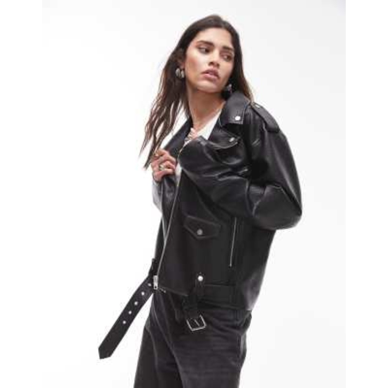 Topshop faux leather bubble oversized biker jacket in black