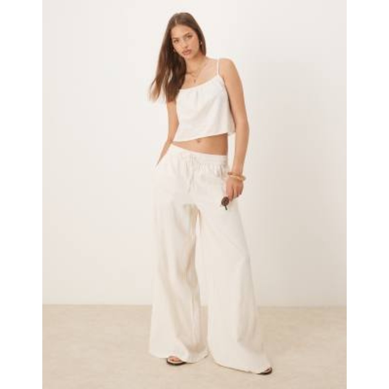 Vila super wide leg linen look pants in birch cream – part of a set