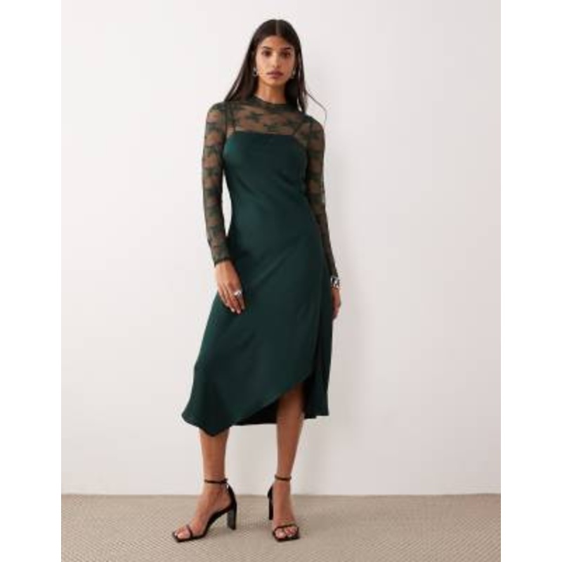 YAS hybrid high neck lace top and satin slip dress in dark green