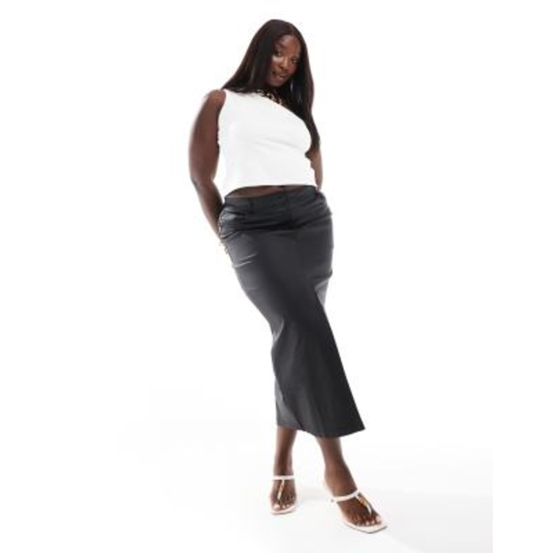 Yours PU midaxi skirt with front split in black