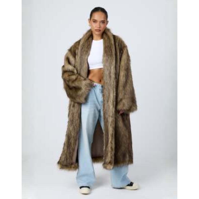 Aria Cove collarless oversized longline coat in brown tipped faux fur