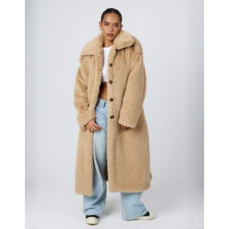 Aria Cove faux fur button detailing collared belted maxi coat in camel