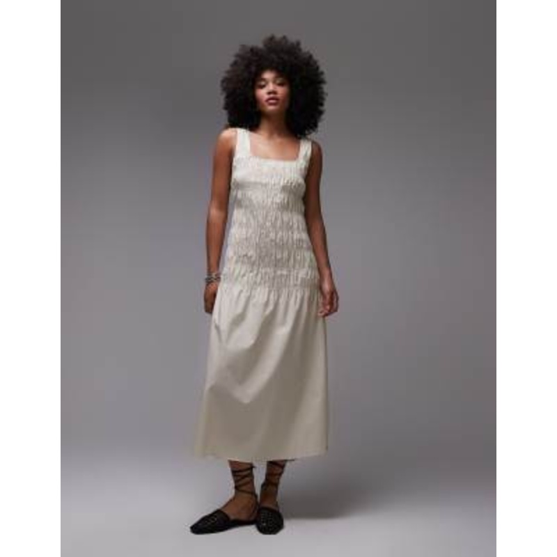 ARKET cotton rich midi dress with smocked bodice and drop waist in beige