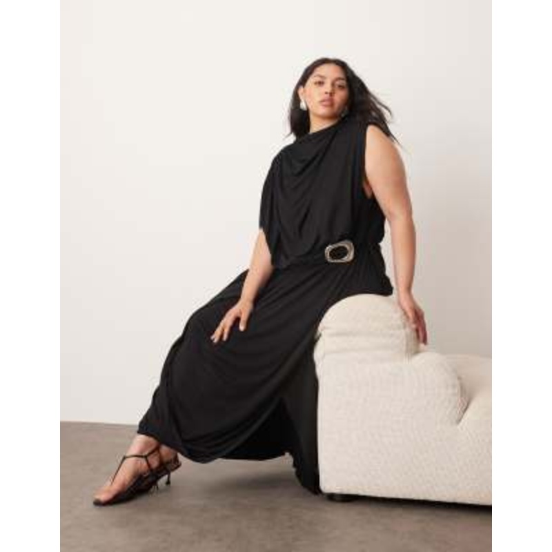 ARRANGE Curve sleeveless draped hem midi dress with buckle trim detail in black