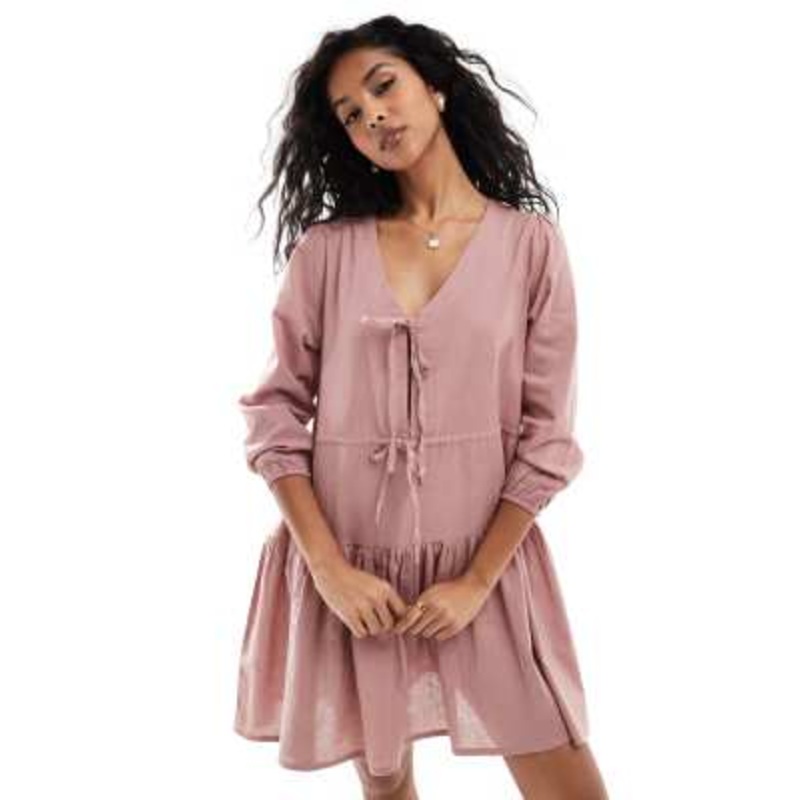 Esmee Exclusive linen mix long sleeve tiered mini tie front beach dress in caramel