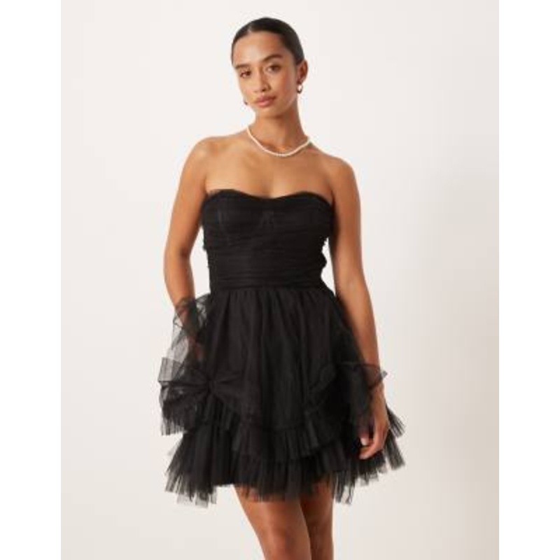 Lace & Beads Petite corset overlay tulle bow mini dress in black