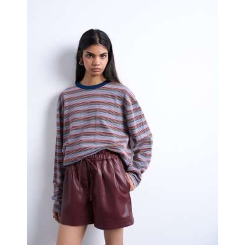 Topshop faux leather paperbag shorts in burgundy