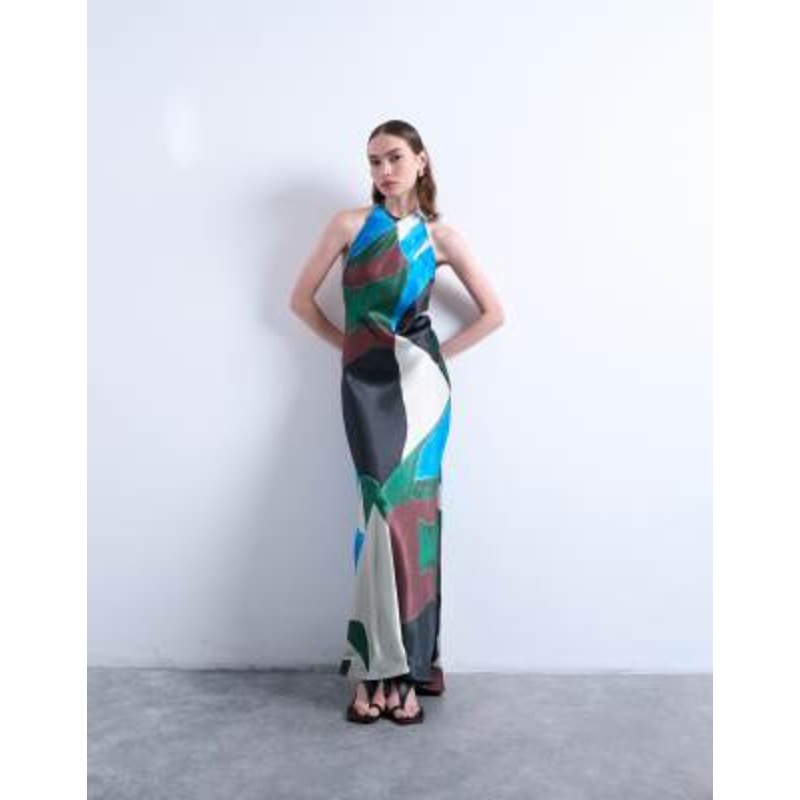 Topshop satin halterneck dress in abstract shape print
