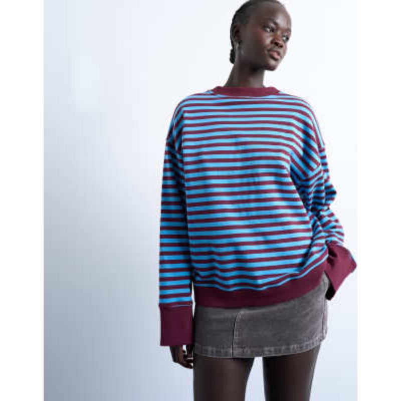 Topshop stripe oversized deep cuff sweatshirt in blue and burgundy