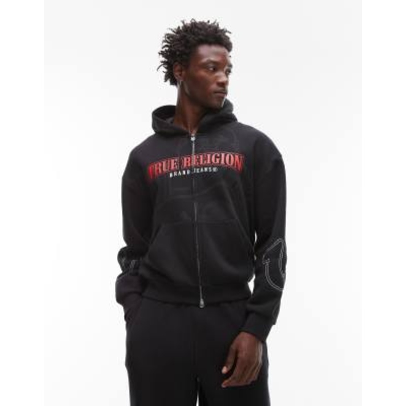 True Religion Big T logo detail zip through hoodie in black – part of a set