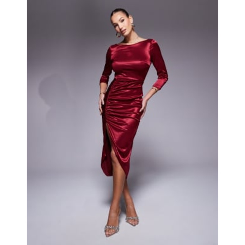 True Violet long sleeve ruched slinky midi dress in burgundy