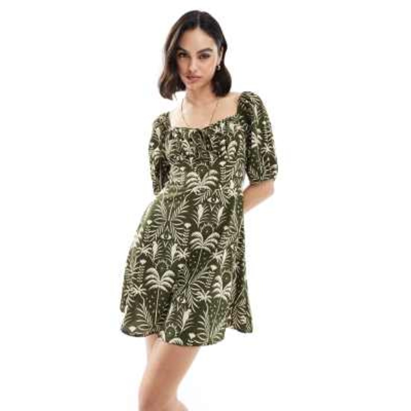 Wednesday’s Girl palm print puff sleeve mini dress in olive green