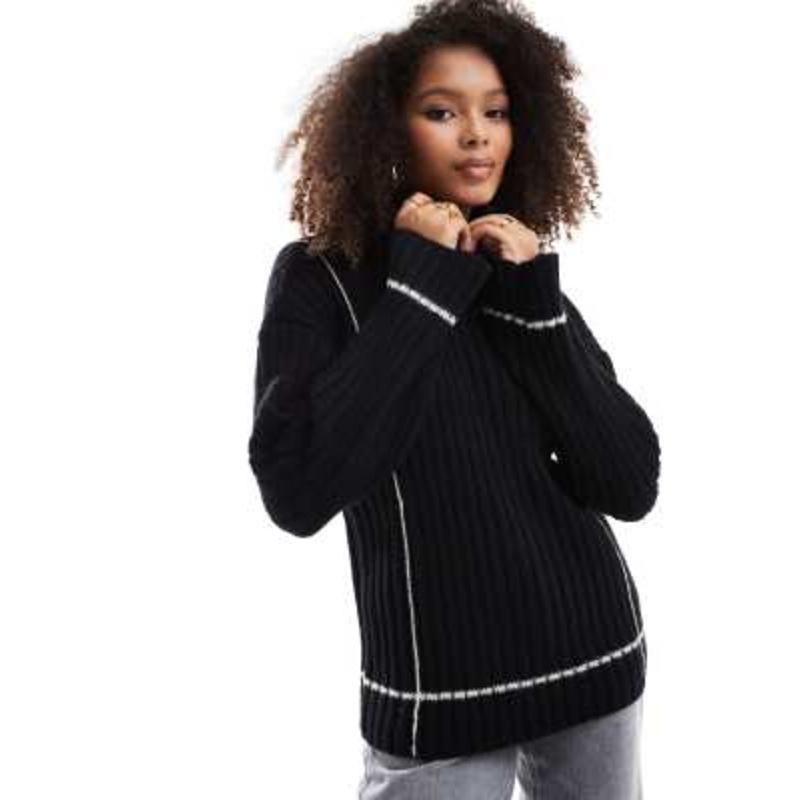 YAS contrast stitch ribbed sweater in black and cream