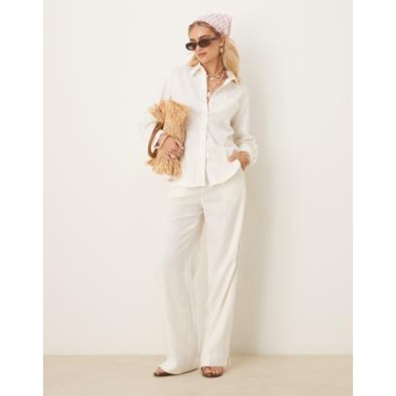 YAS linen touch oversized shirt and elastic waist wide leg pants set in white