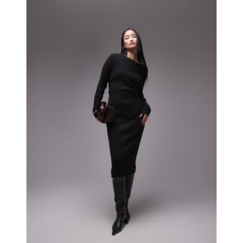 ARKET knitted rib midaxi dress with twisted drape detail in black