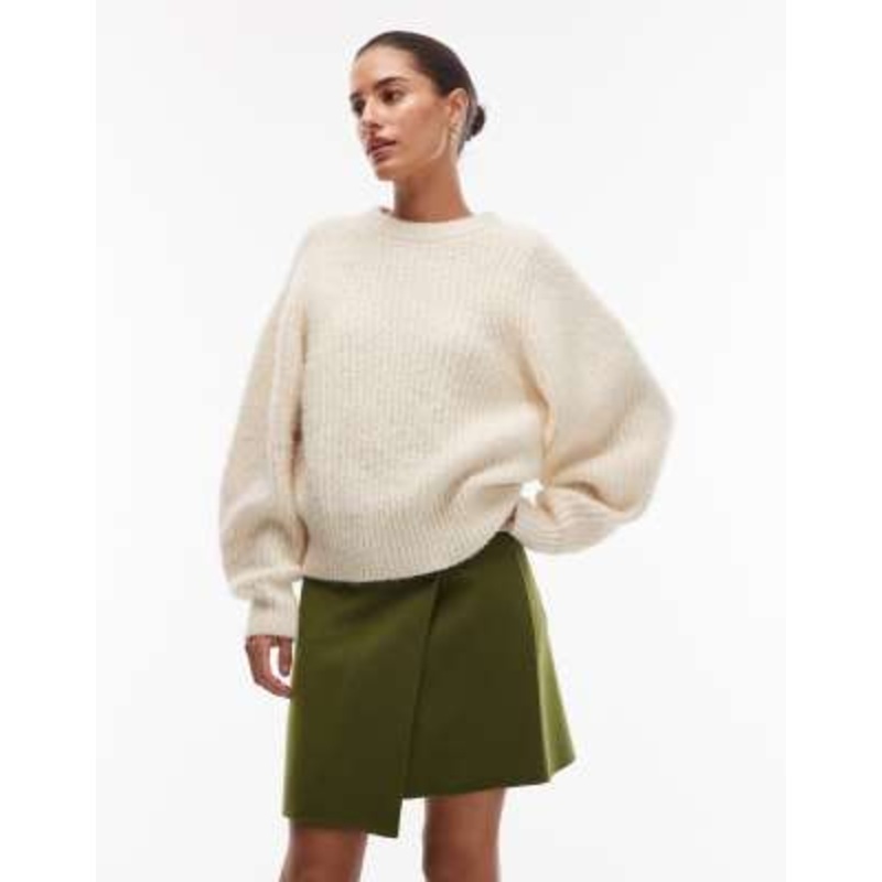 ARKET wool look mini skirt with front button wrap detail in moss green