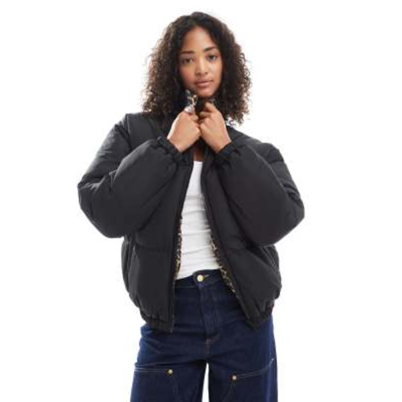Brave Soul reversible short puffer jacket in black and leopard print