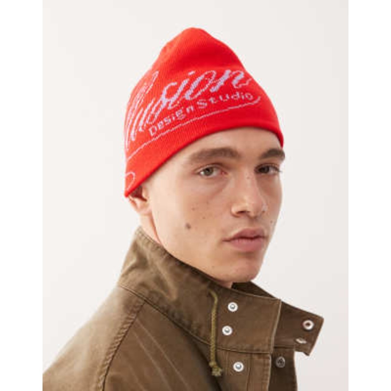 COLLUSION skull cap beanie with graphic logo in red