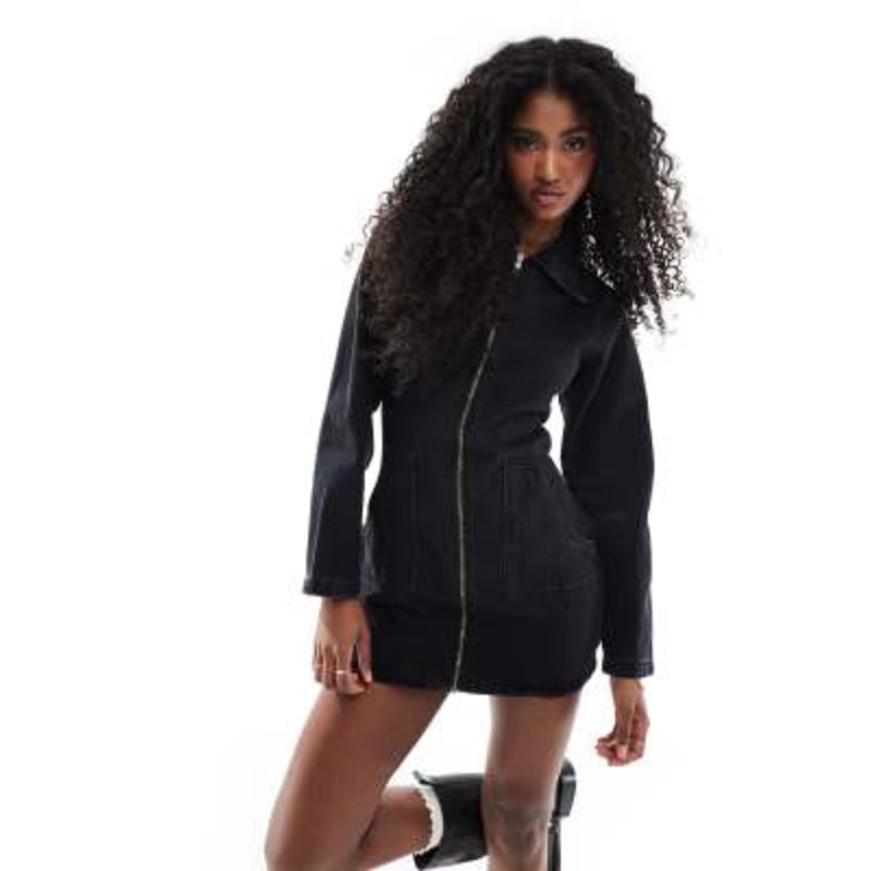 DTT full zip denim dress in washed black