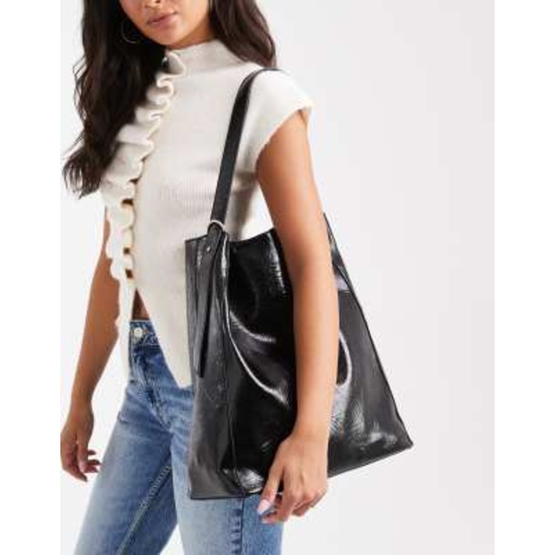 Glamorous large slouchy shoulder bag in high shine black