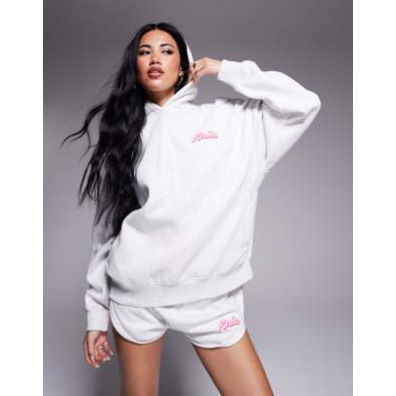 Kaiia cotton blend puff printed logo oversized hoodie in light gray heather and baby pink – part of a set