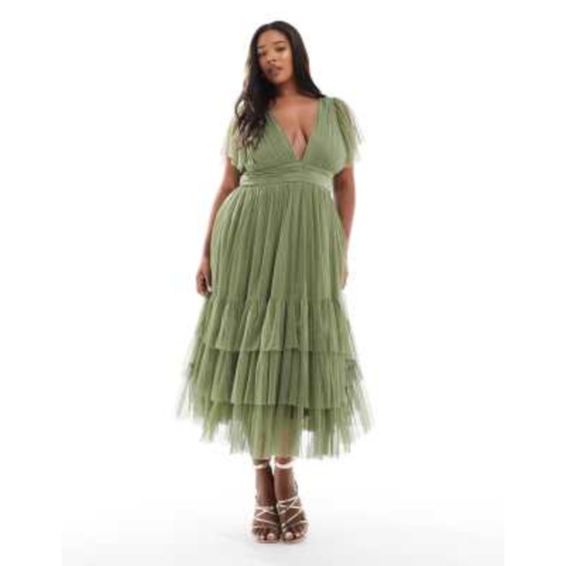 Lace & Beads Plus Bridesmaid Madison midi dress in soft olive green
