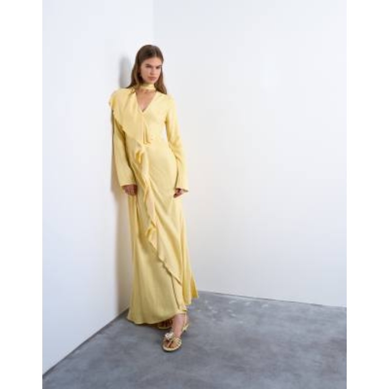 Topshop long sleeve ruffle maxi dress with scarf wrap detail in buttermilk