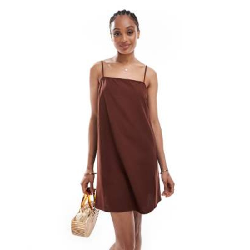 Vero Moda Tall linen touch throw on mini dress in chocolate