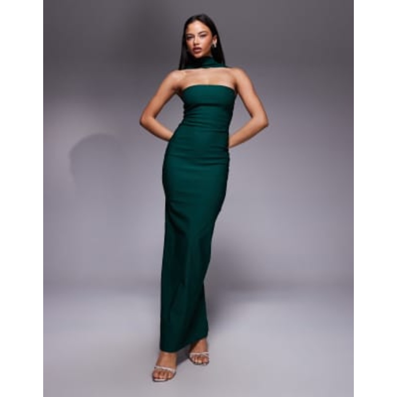 Vesper bengaline bandeau choker detail back button detailing maxi dress in forest green