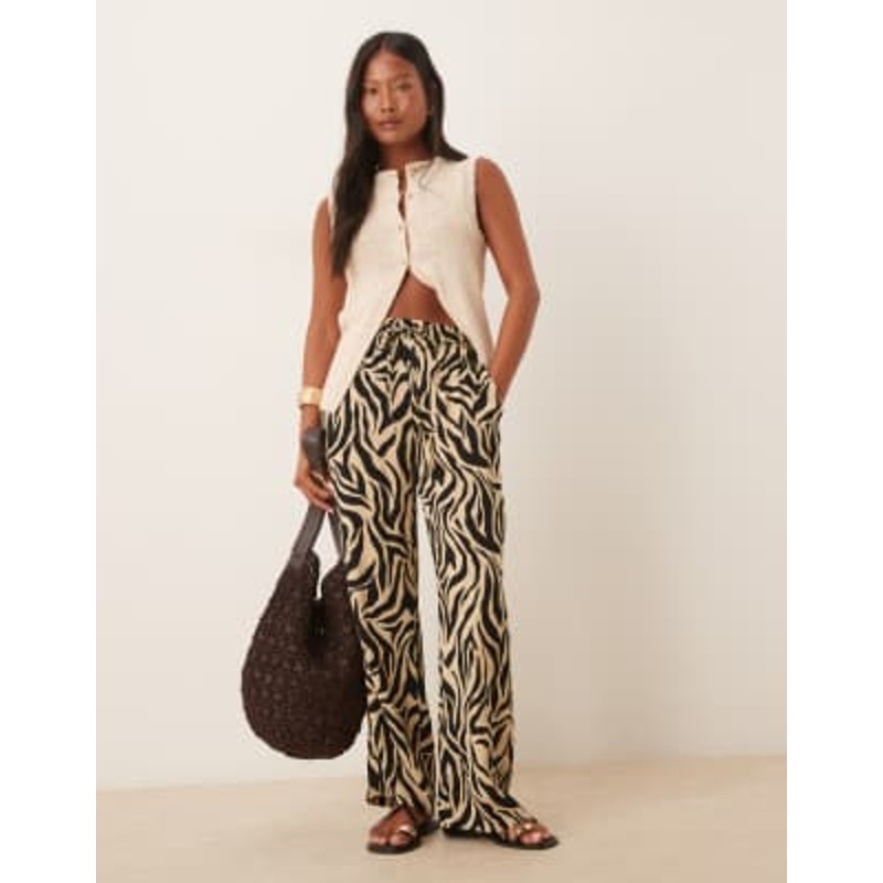 Vila Petite zebra print wide leg pants in off white